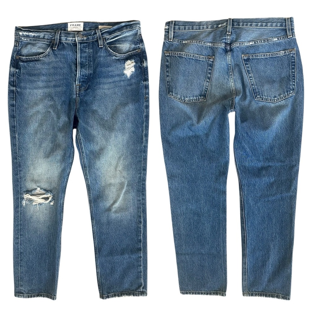 Frame Le Pegged Cotton Medium Wash Button Fly Ripped Rigid Straight Leg Jeans 29